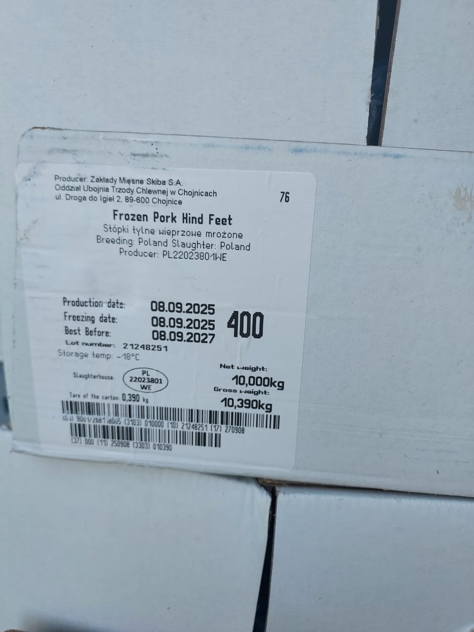Caisses porc congelé — contrôle réception